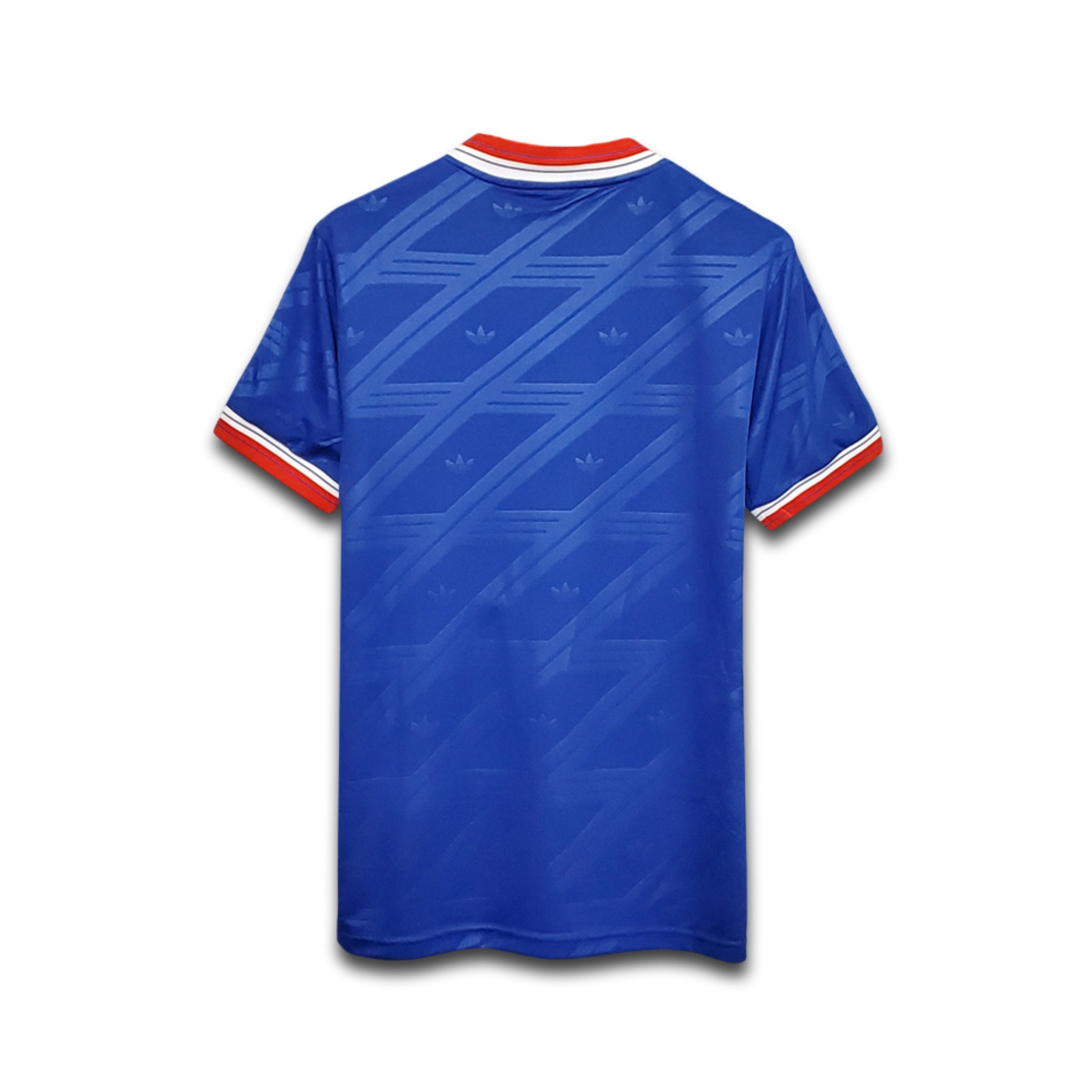Blue sports jersey with red and white accents on a white background