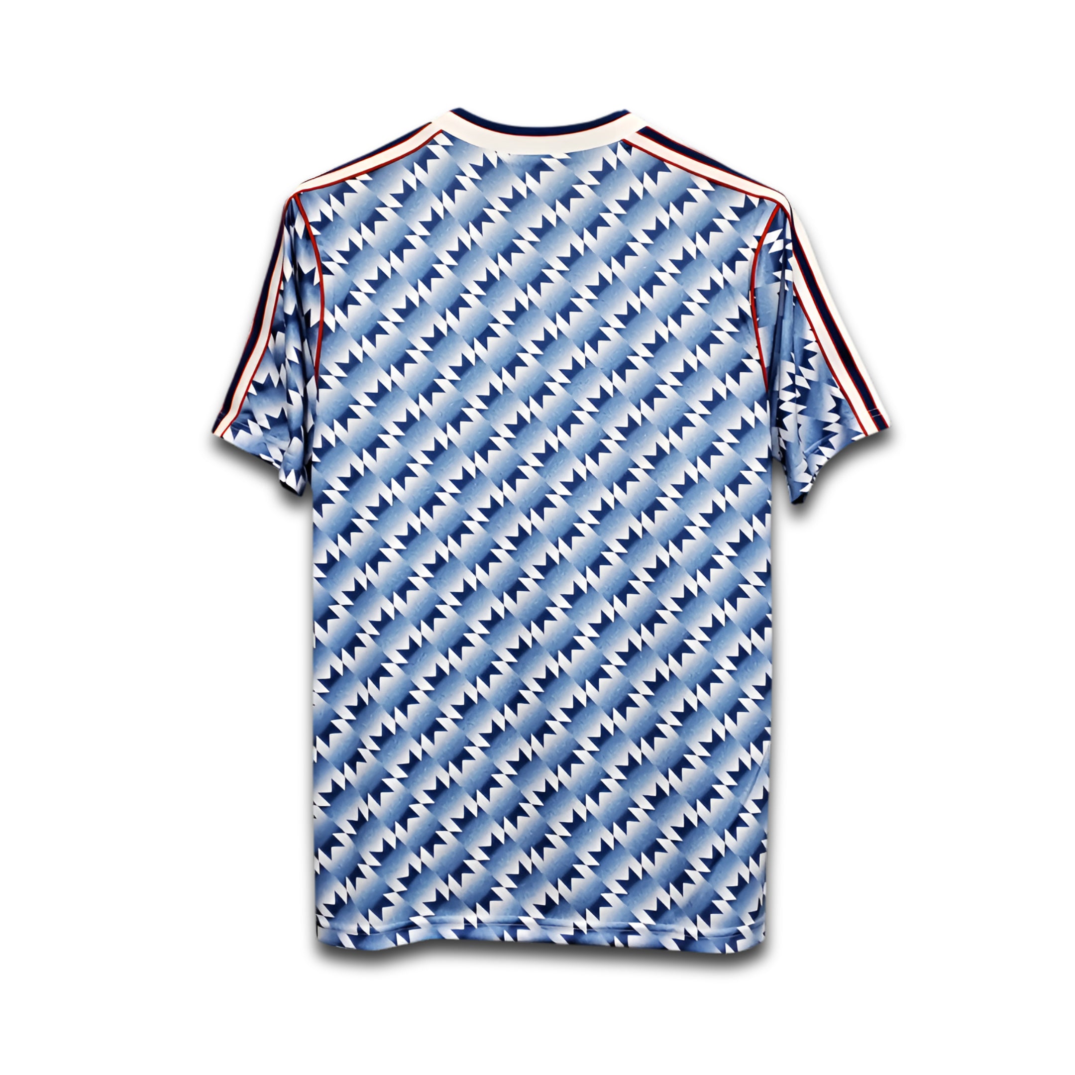 Blue and white patterned Manchester united 1990 shirt on a white background