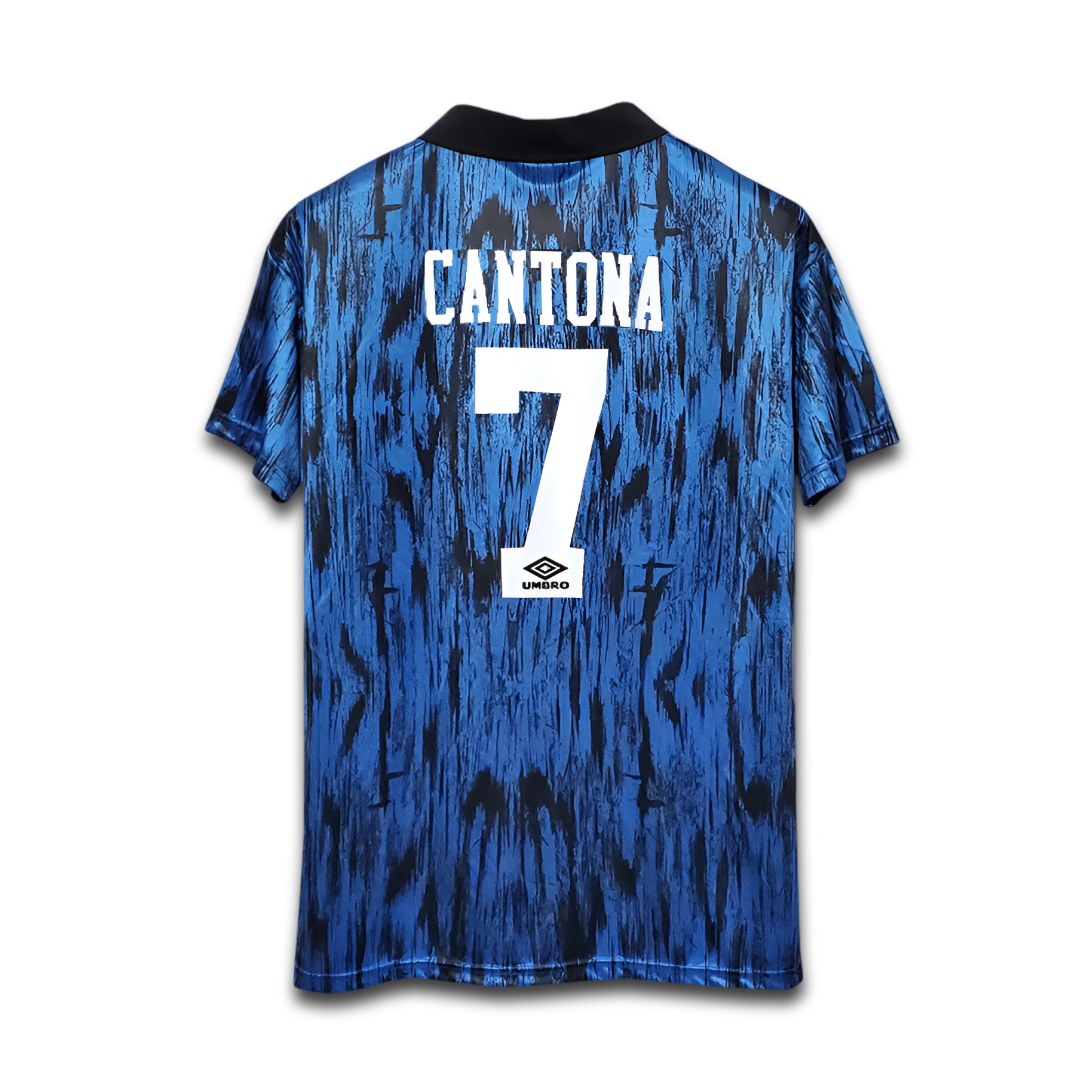 Blue soccer jersey with 'Cantona' and number '7' on a white background