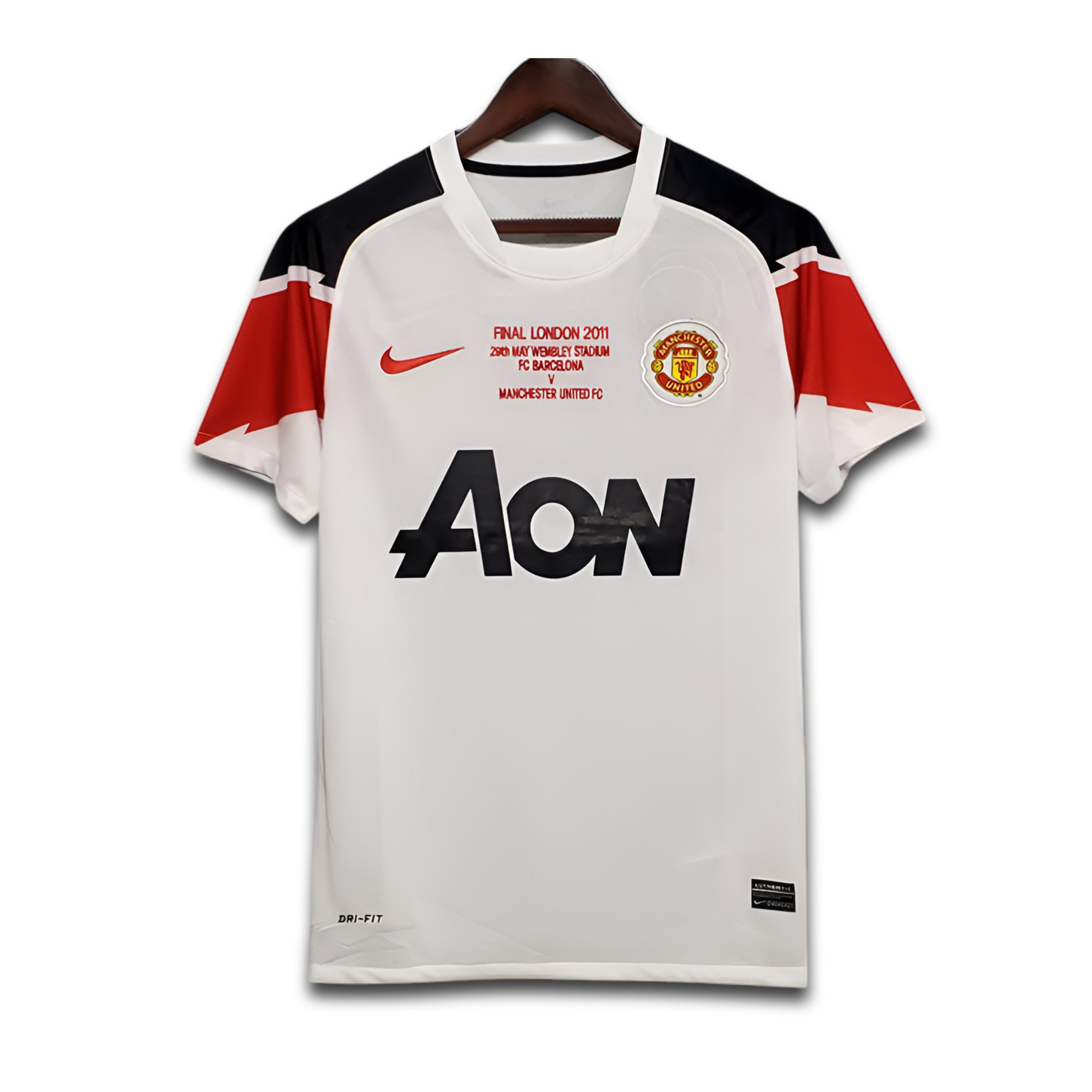 Man United jersey with Nike logo on a hanger against a white background