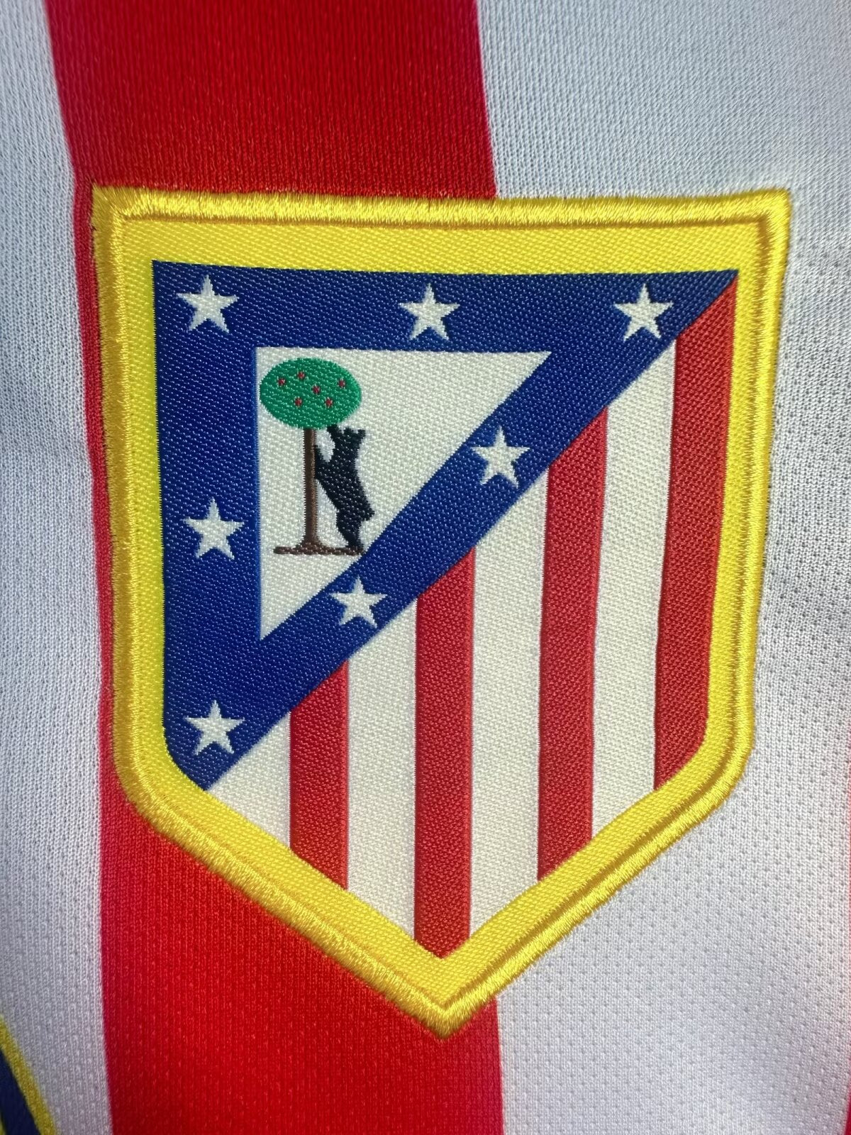 Close-up of a sports team logo on a red and white background