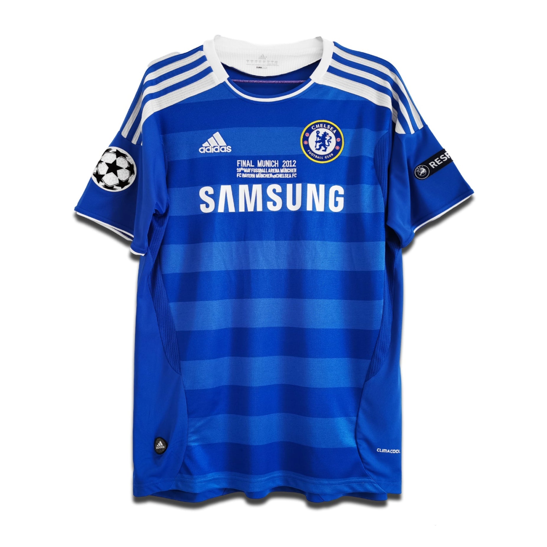 A blue and white striped sports jersey, with 'SAMSUNG' printed on the front and Adidas branding, designed for Chelsea FC.