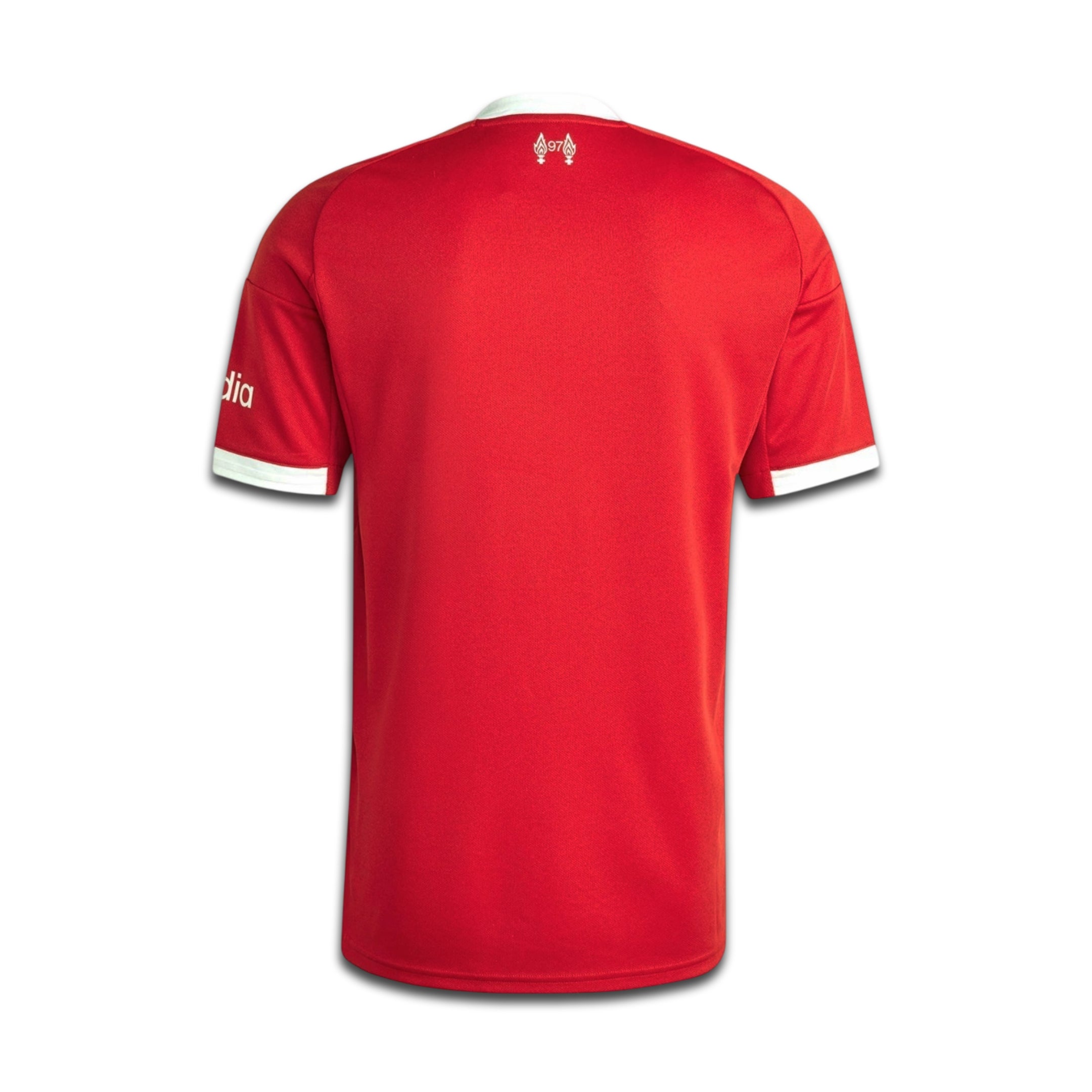 Red Liverpool jersey with white accents on a white background