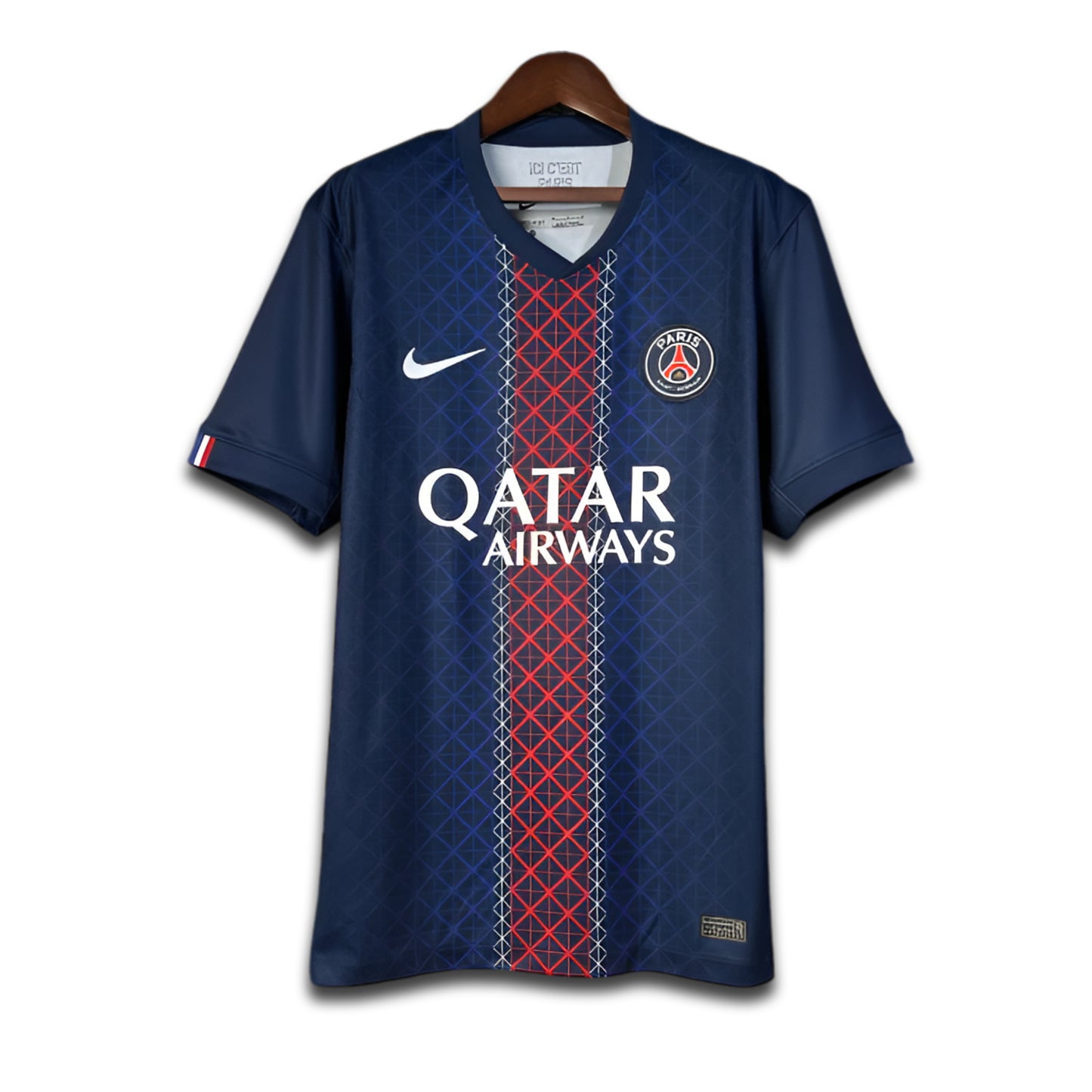 Blue PSG Paris soccer jersey with Qatar Airways logo on a hanger