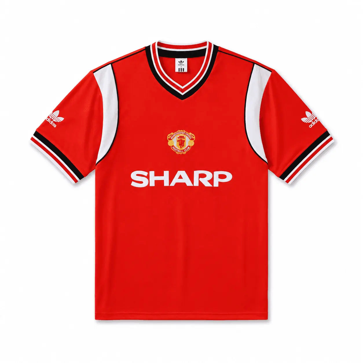 A red short-sleeve Manchester United soccer jersey by Adidas, featuring white side panels, black and white striped collar and sleeve cuffs, the Manchester United crest on the chest, and the white Sharp sponsor logo across the front.