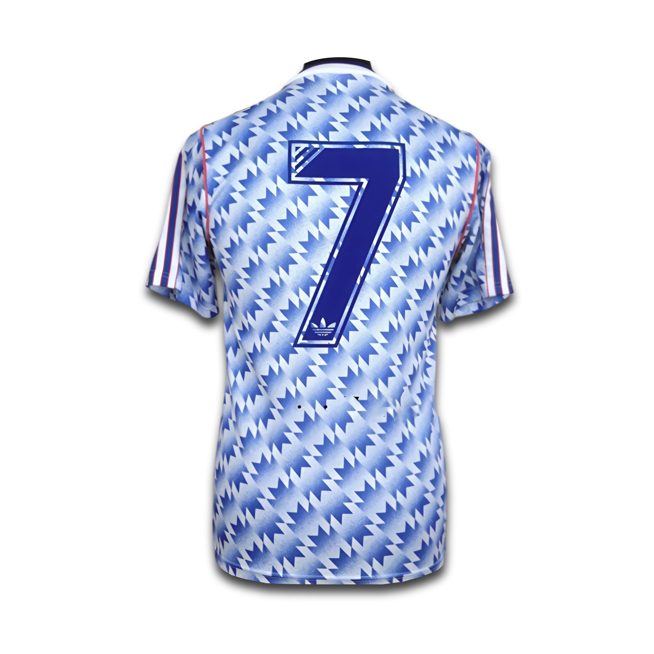 Blue and white patterned man united jersey with number 7 and Adidas logo on a white background