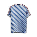 Blue and white patterned Manchester united 1990 shirt on a white background