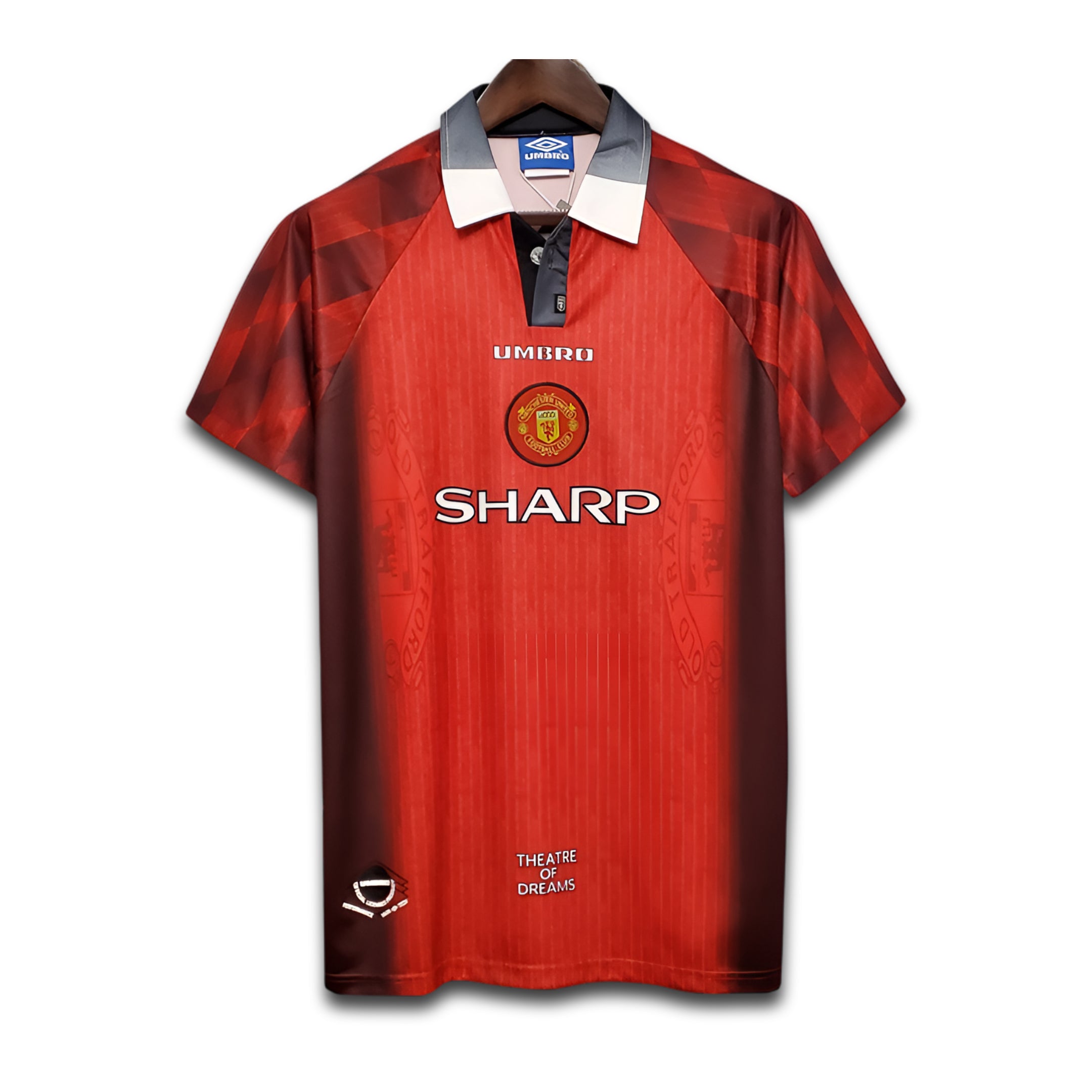 Red sports jersey with visible branding on a white background