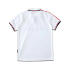 White polo shirt with red and blue trim on a white background