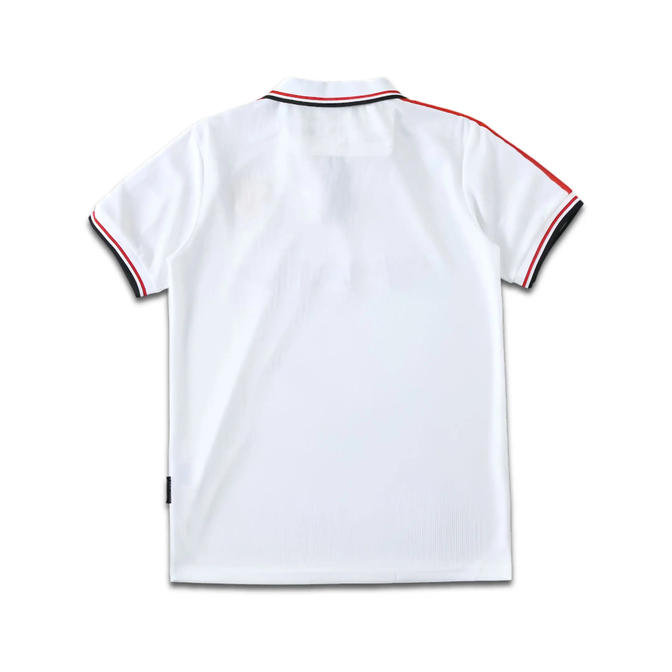 White polo shirt with red and blue trim on a white background