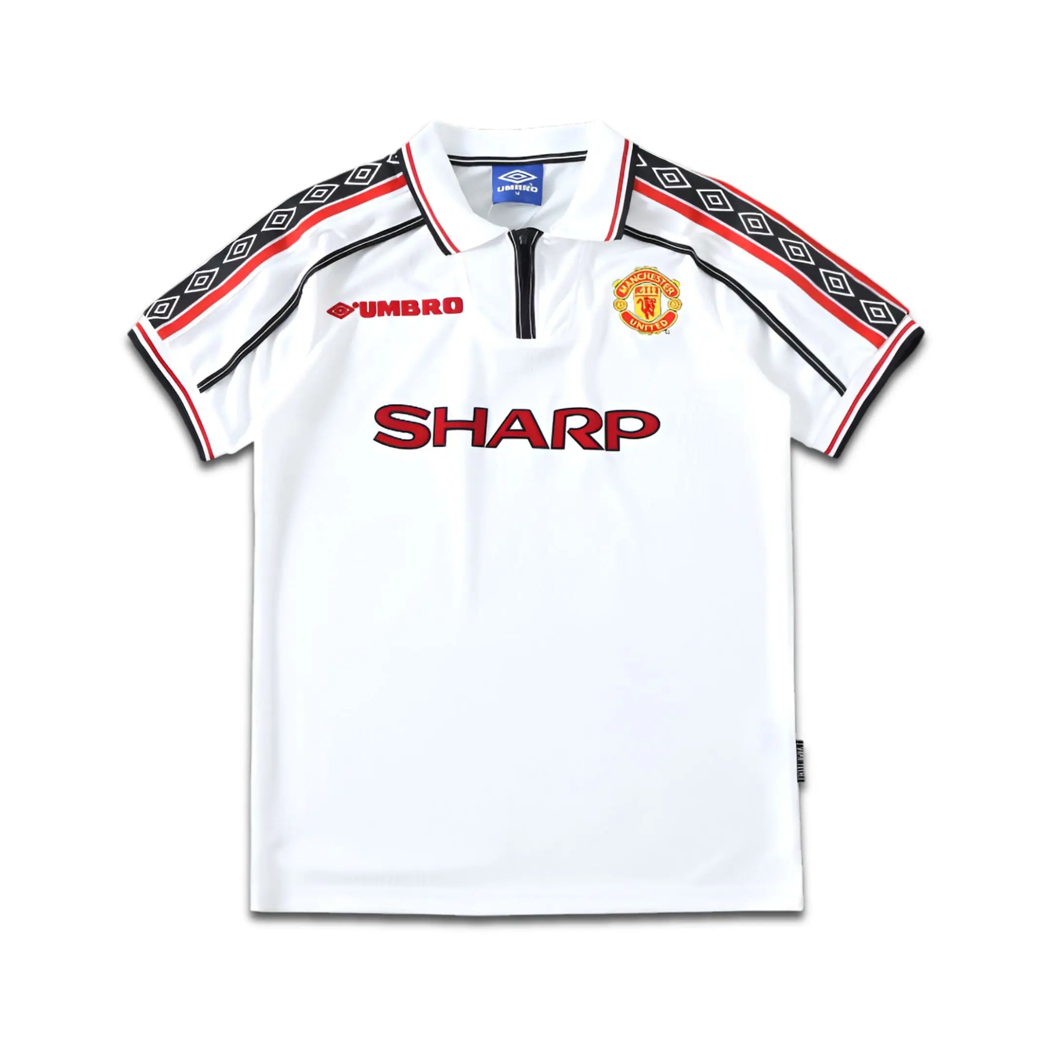 White sports jersey with red and black accents, featuring logos on a white background