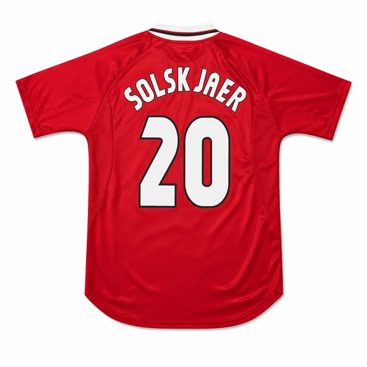A red short-sleeve soccer jersey shown from the back, featuring the name 'SOLSKJAER' and number '20' in white with black outlines.