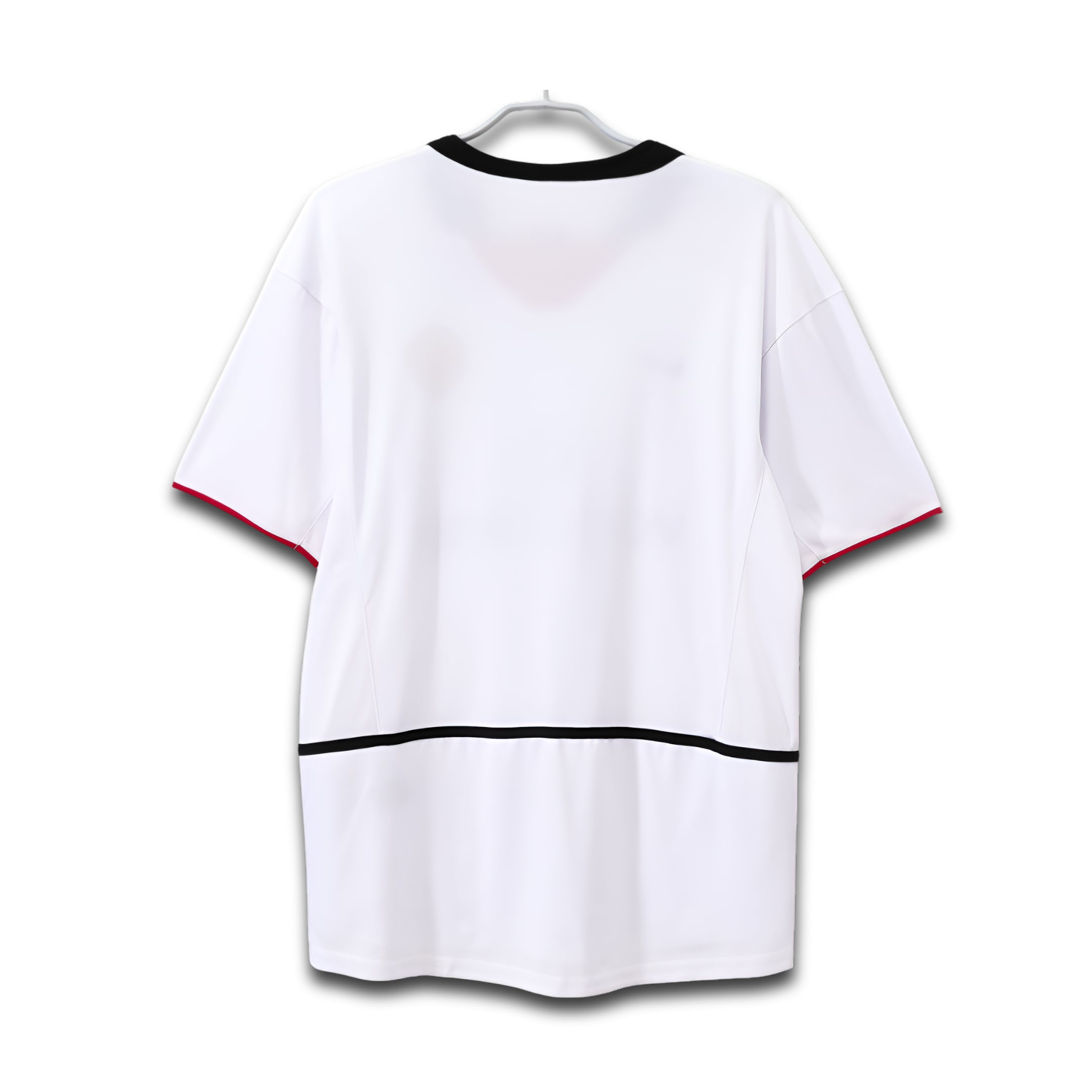 White t-shirt with black and red accents on a white background
