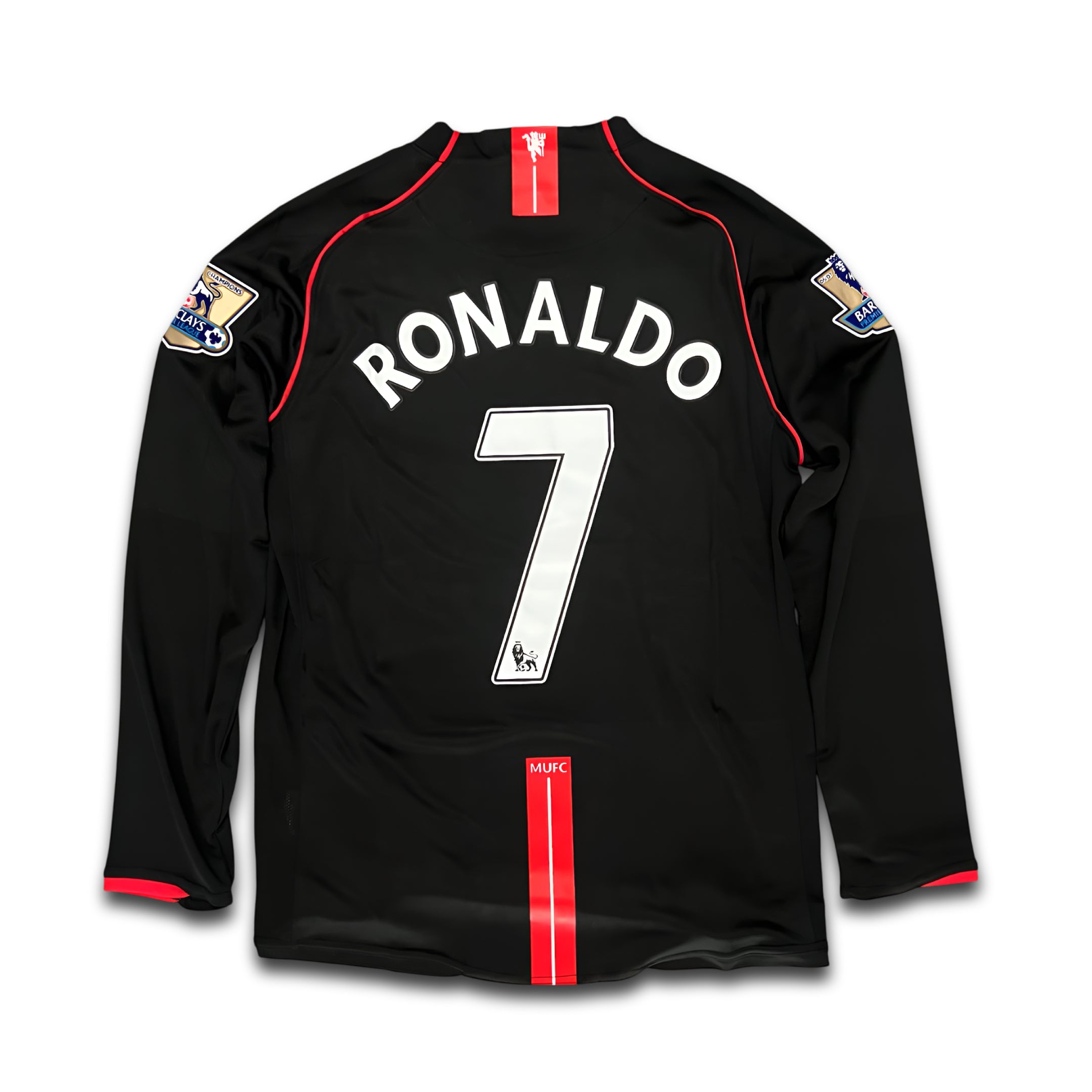 Black sports jersey with 'RONALDO 7' printed on the back, featuring red and white accents.