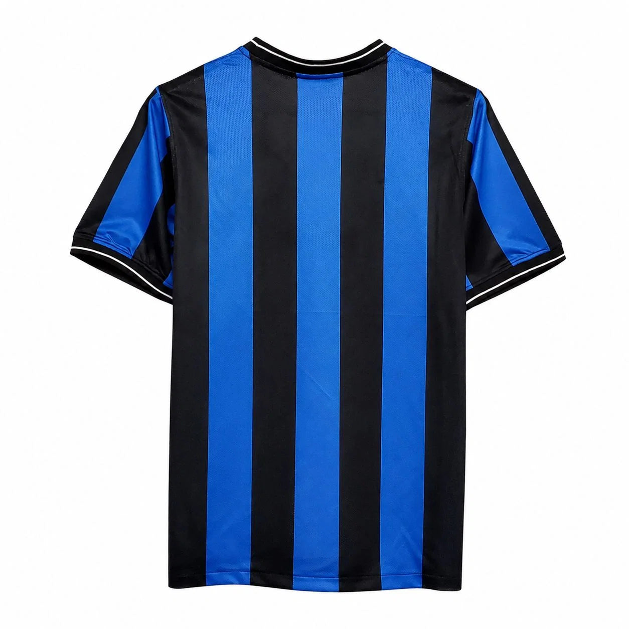 A short-sleeve soccer jersey with vertical black and blue stripes, featuring white piping along the collar and sleeve cuffs, shown against a plain white background.