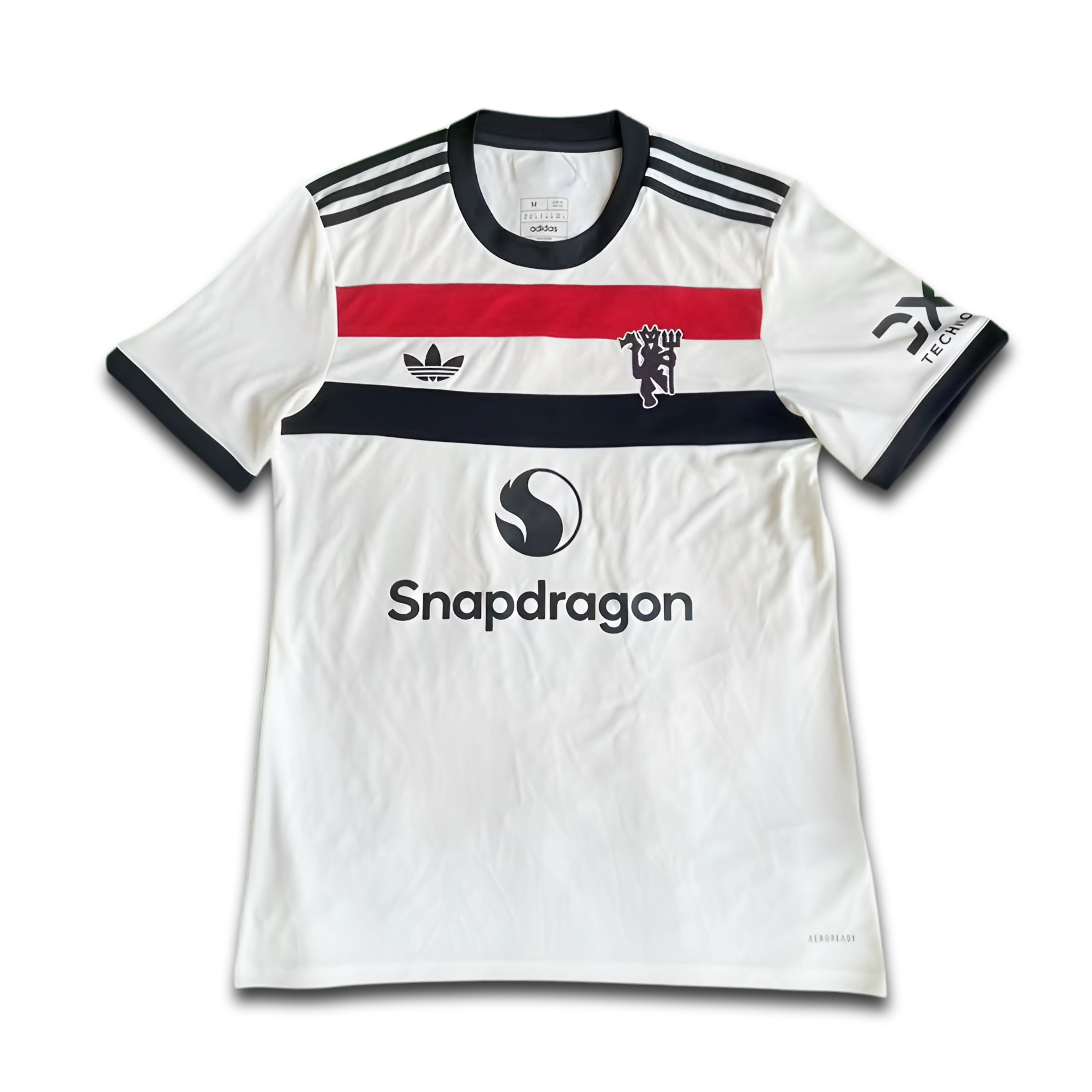 White sports jersey with black, red, and blue accents on a white background