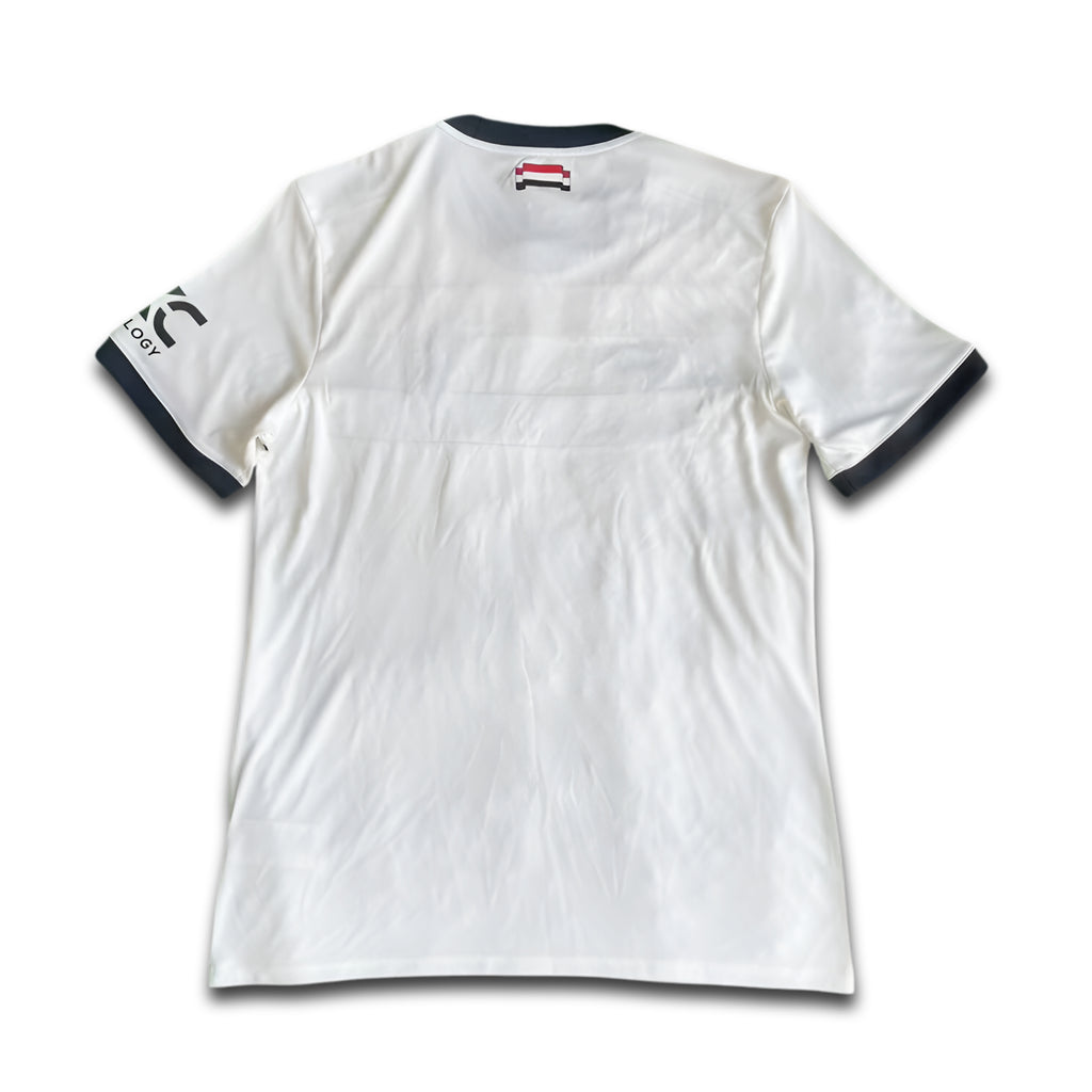 White t-shirt with black trim on a white background
