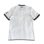 White t-shirt with black trim on a white background