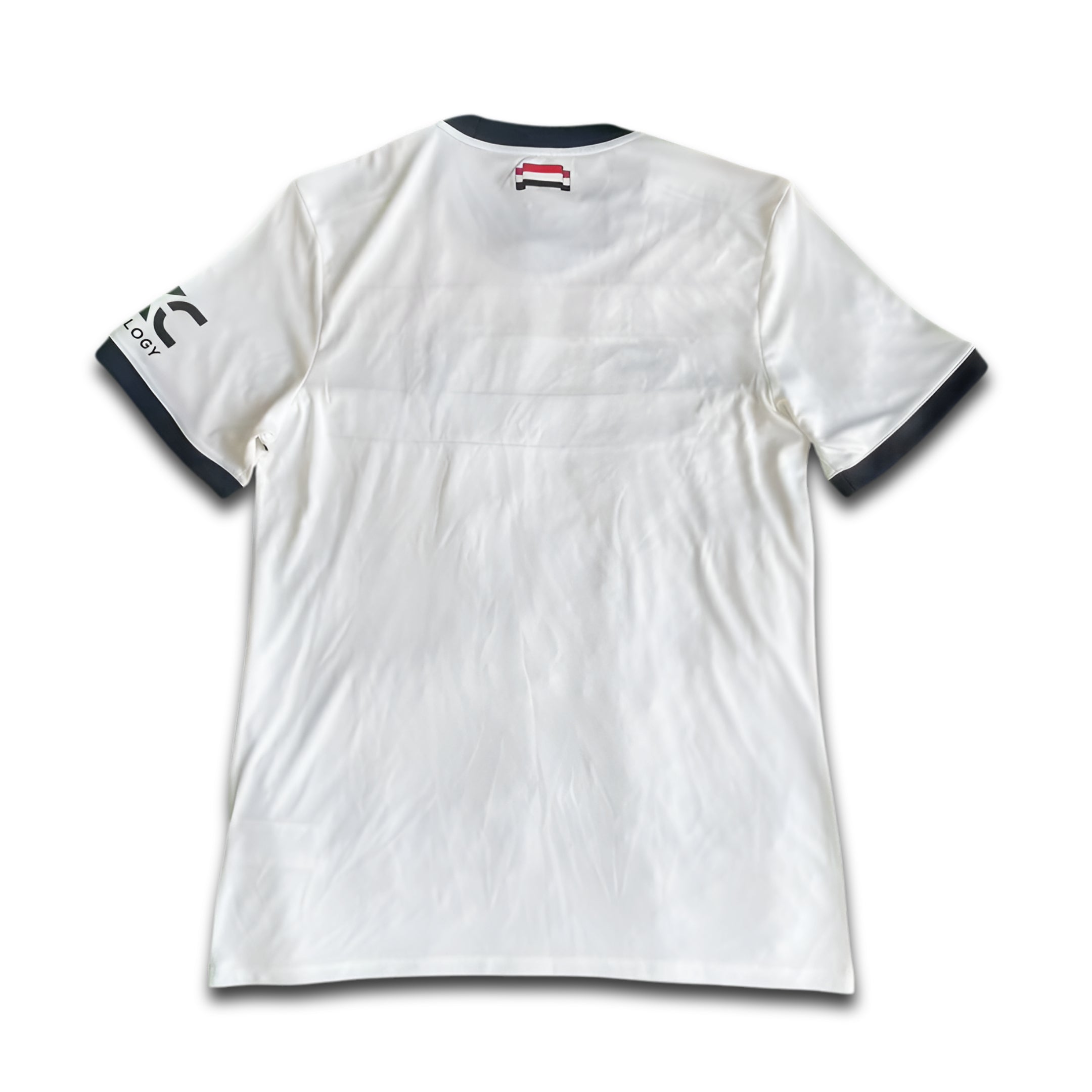 White t-shirt with black trim on a white background