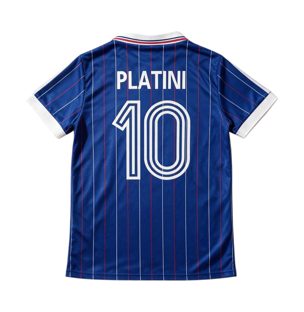 Elite Retro Kits France 1982 home football shirt with Platini 10 on the back, featuring blue pinstripes and white trim.