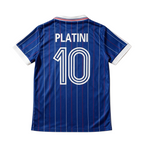 Elite Retro Kits France 1982 home football shirt with Platini 10 on the back, featuring blue pinstripes and white trim.