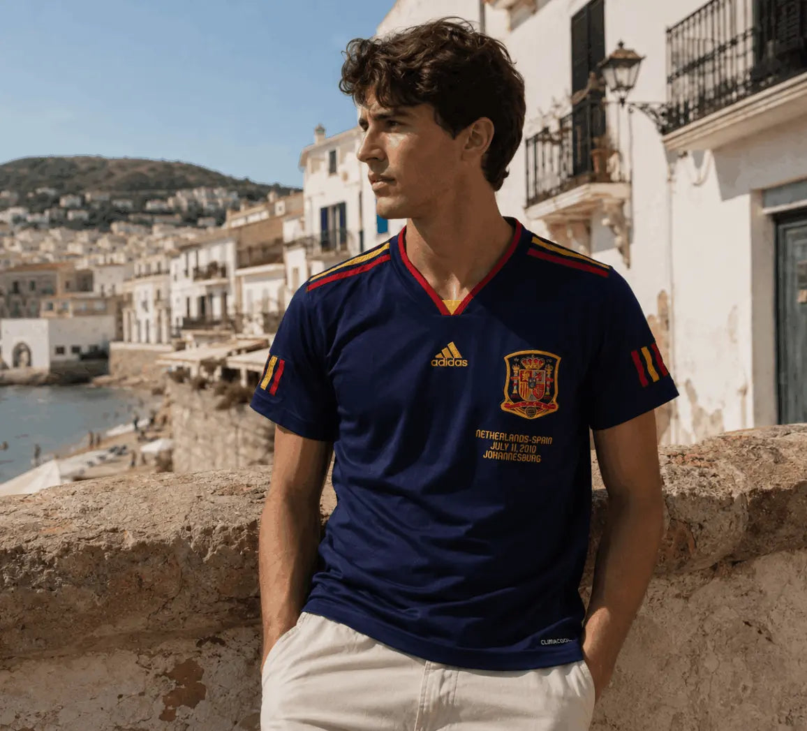 A man wearing a navy blue Spain national football team jersey by Adidas, leaning against a stone wall with a coastal town background.