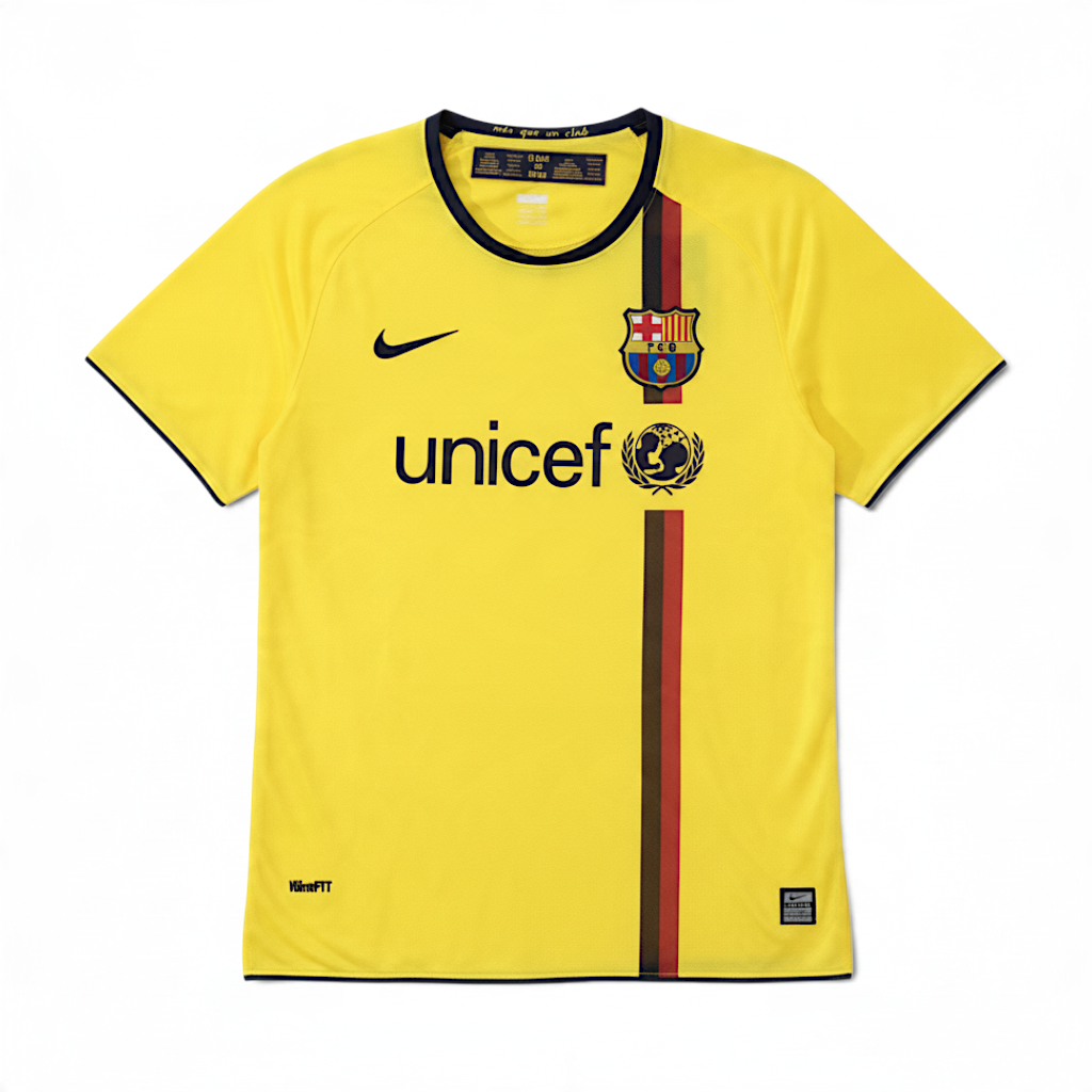 Elite Retro Kits Barcelona 2008/09 away football shirt in yellow with blue and maroon stripe and UNICEF sponsor