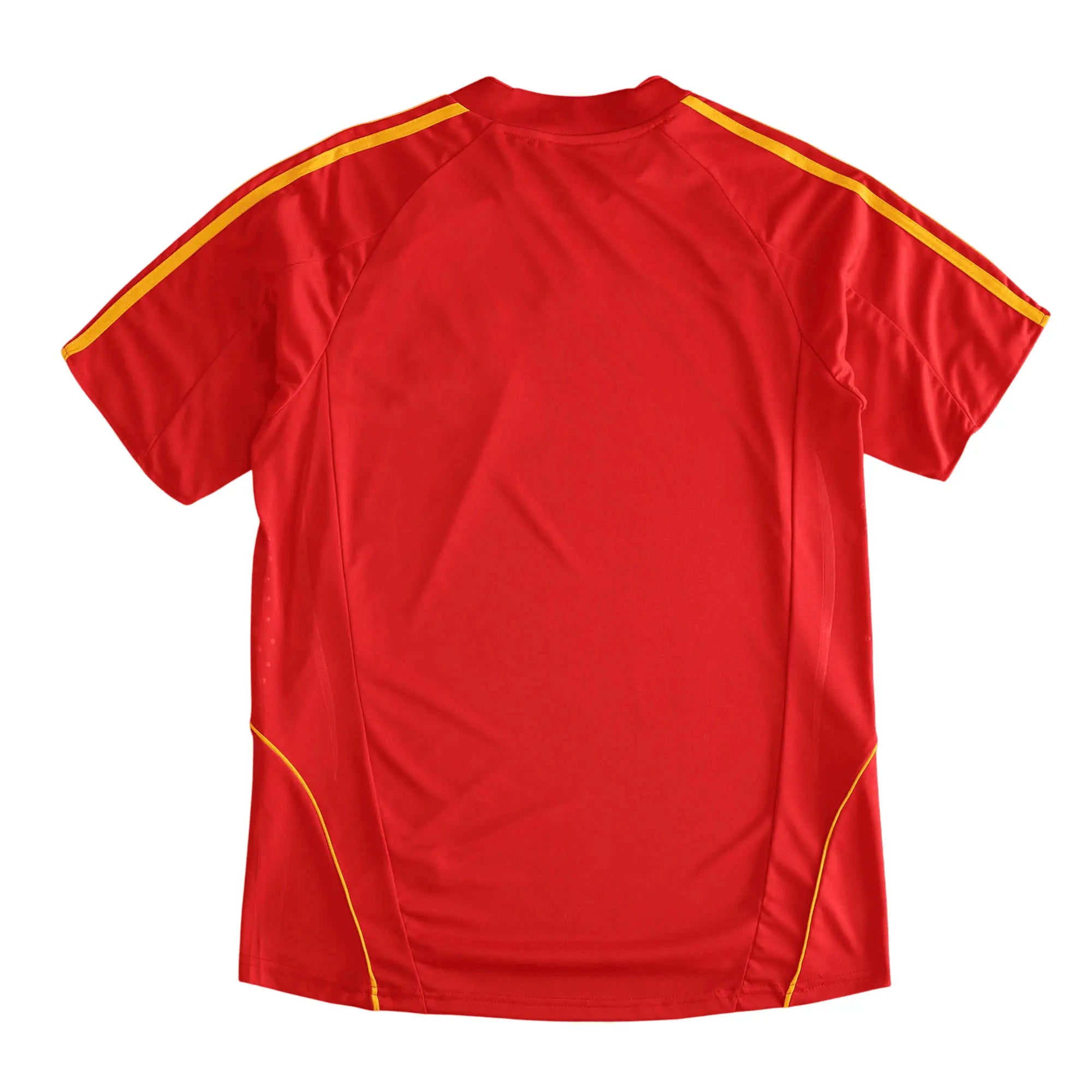 A red short-sleeve athletic jersey shown from the back, featuring yellow piping details along the shoulders and sides, set against a plain white background.