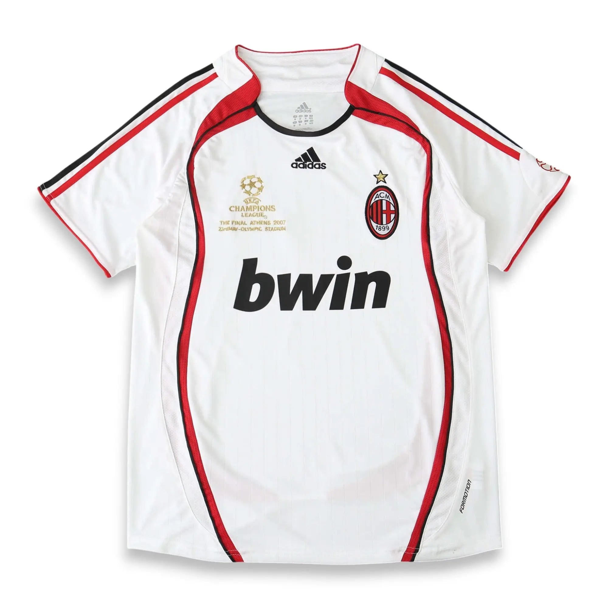 A white AC Milan soccer jersey by Adidas, featuring red and black trim, the 'bwin' sponsor logo, and the Champions League 2004-2005 final patch on the chest.