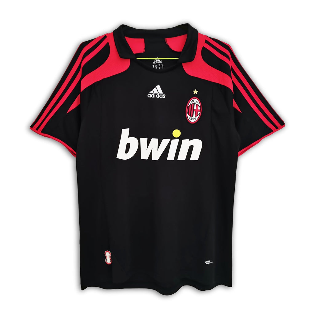 AC Milan 2007/08 away retro jersey, predominantly black with red accents, Adidas branding, and the Bwin sponsor logo
