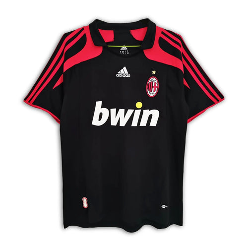 AC Milan 2007/08 away retro jersey, predominantly black with red accents, Adidas branding, and the Bwin sponsor logo