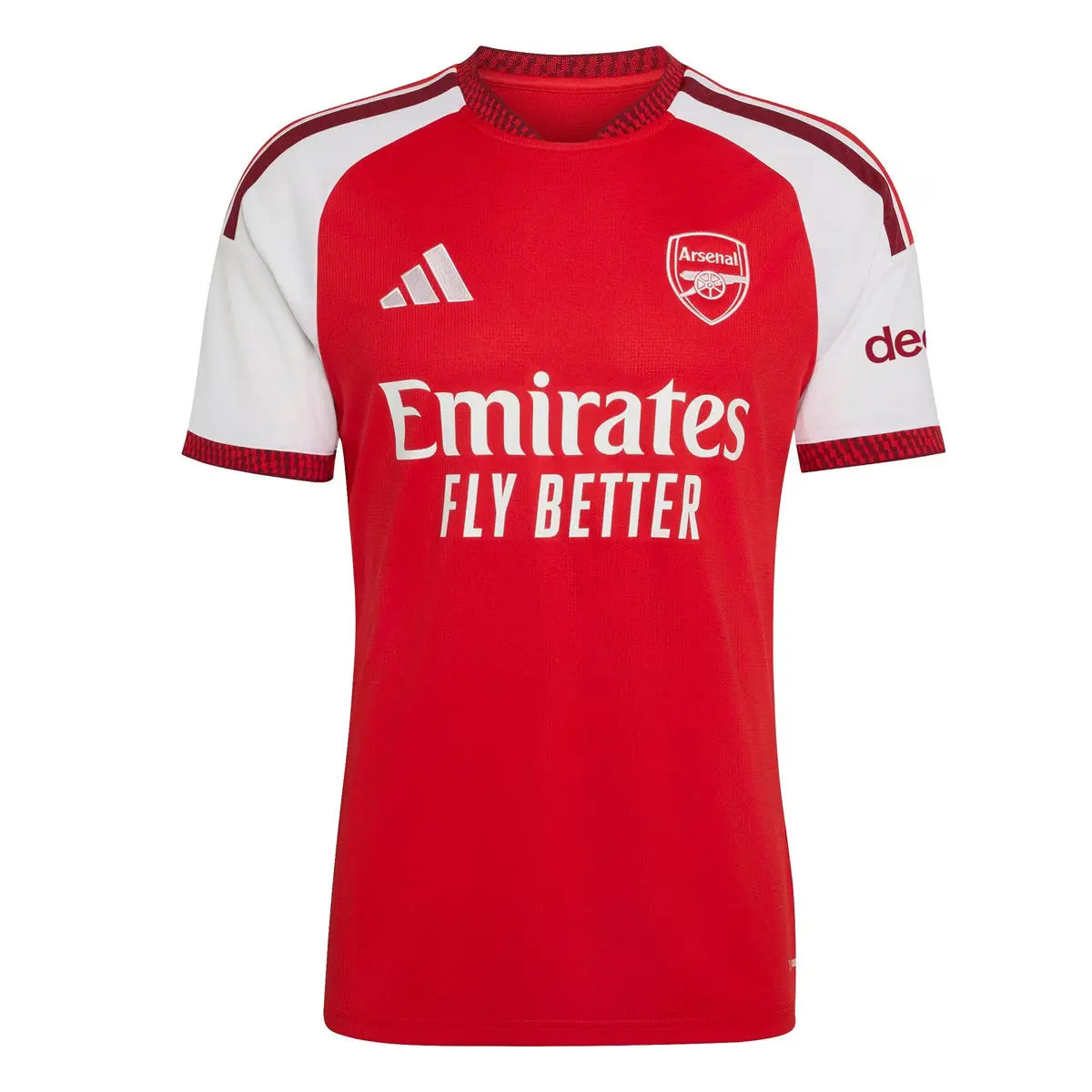 Red and white sports jersey with Arsenal and Emirates branding on a white background