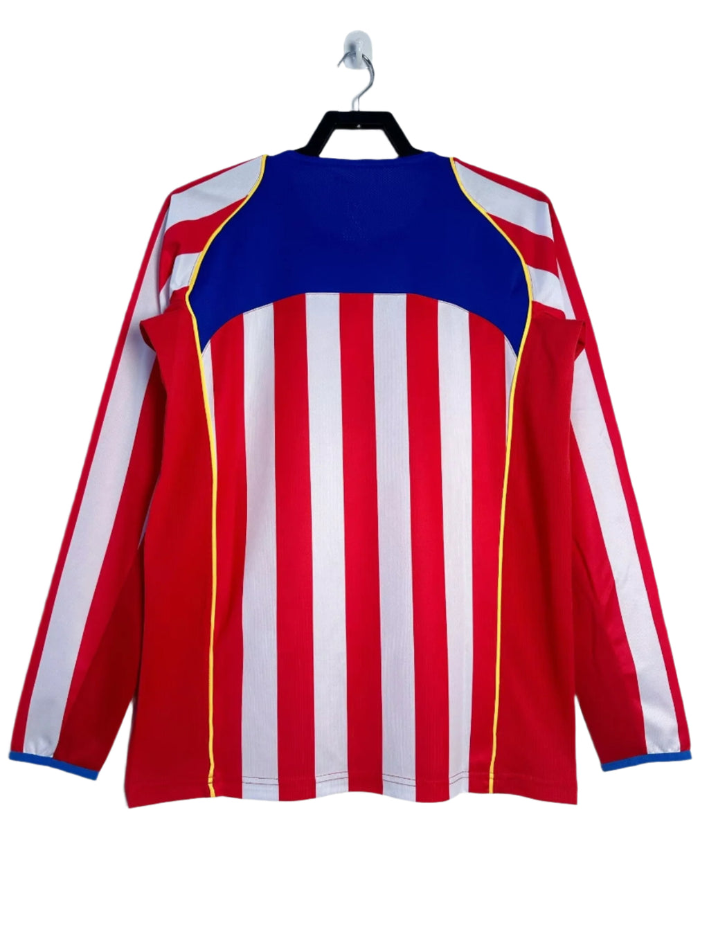 Long-sleeve shirt with red, white, and blue stripes on a hanger against a white background