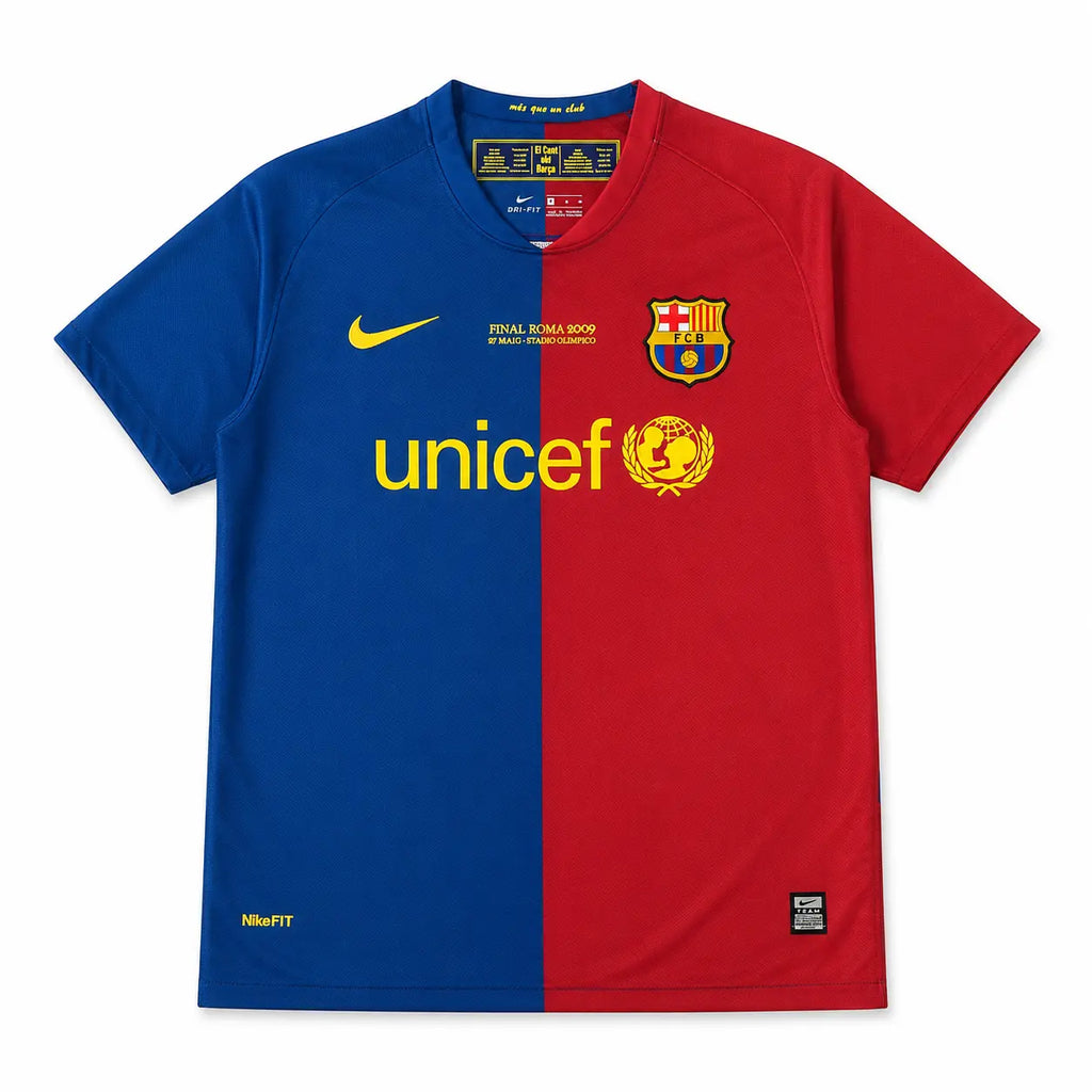 A Nike FC Barcelona home training jersey in a blue and red split design, featuring the yellow Nike swoosh, Unicef sponsor logo, and FC Barcelona crest on the chest.