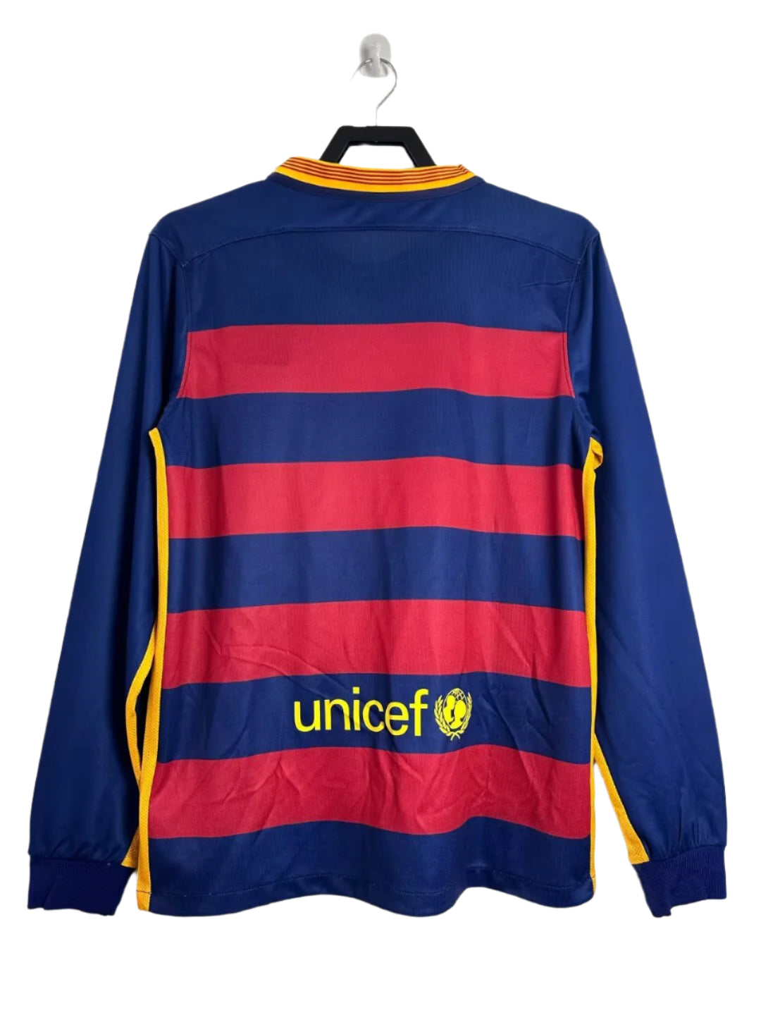 Blue and red striped shirt with Unicef logo on a white background