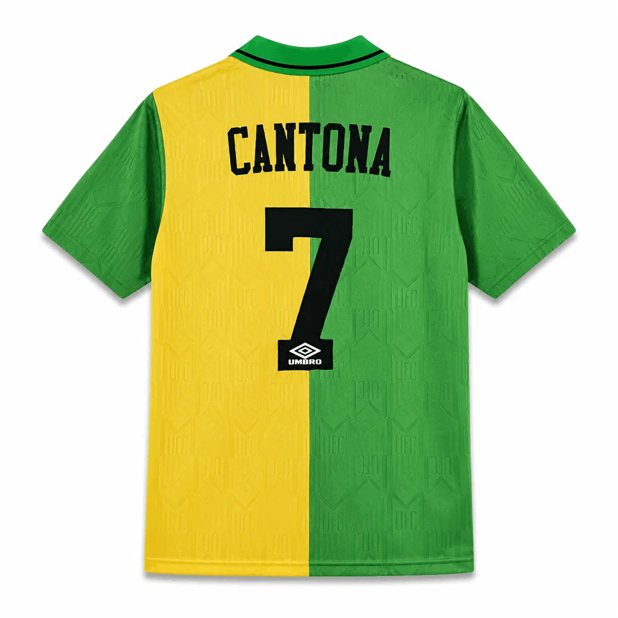 Back view of a green and yellow short-sleeve soccer jersey with 'CANTONA' and the number '7' printed in black, featuring an Umbro logo patch.