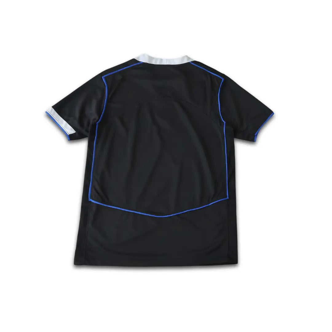 Black sports jersey with blue accents on a white background