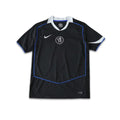 Black Chelsea sports jersey with blue accents and Nike logo on a white background