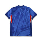 Blue sports jersey with geometric pattern on a white background
