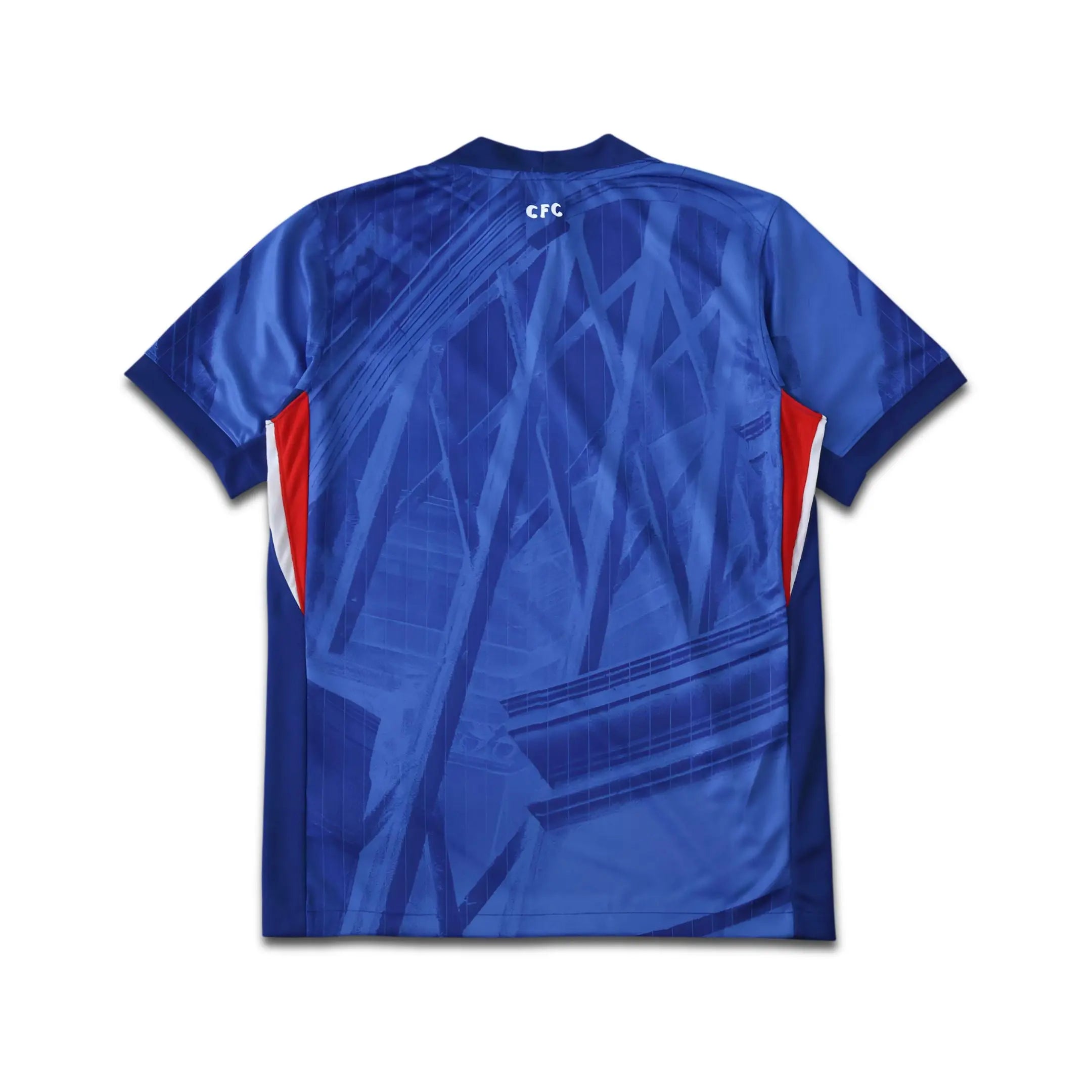 Blue sports jersey with geometric pattern on a white background