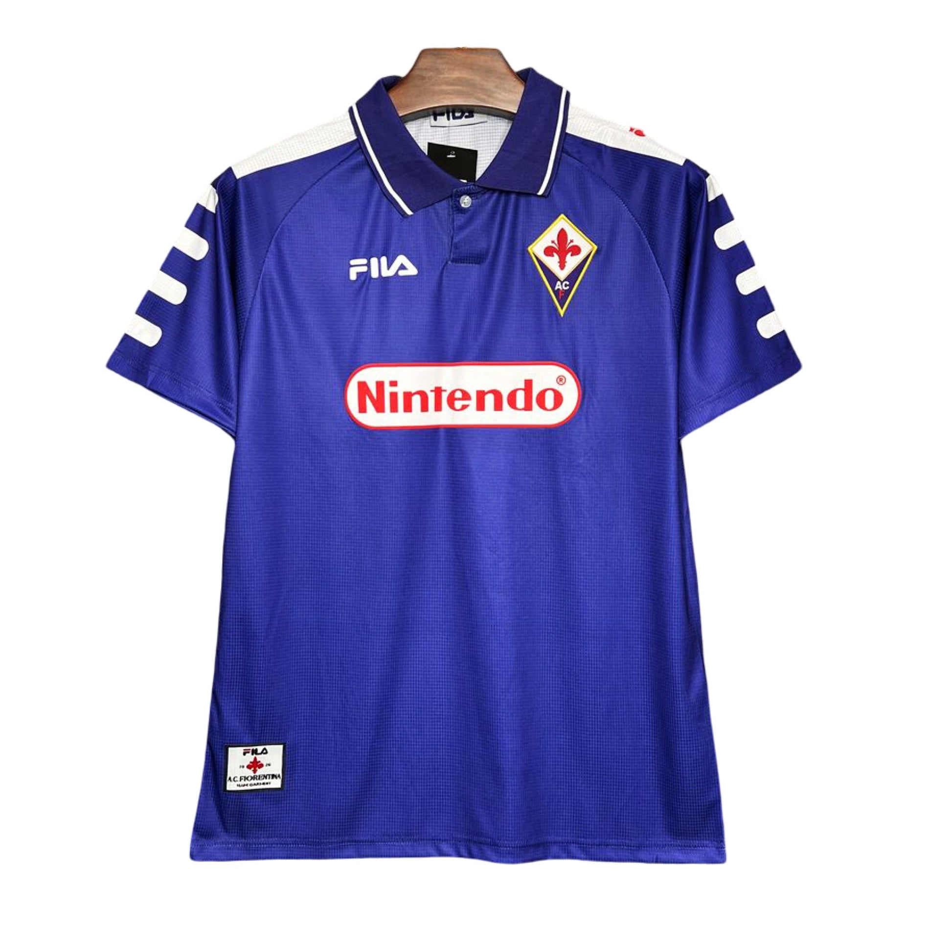 Blue sports jersey with Fila and Nintendo logos on a white background