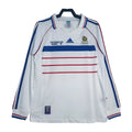 White soccer jersey with blue and red stripes on a white background