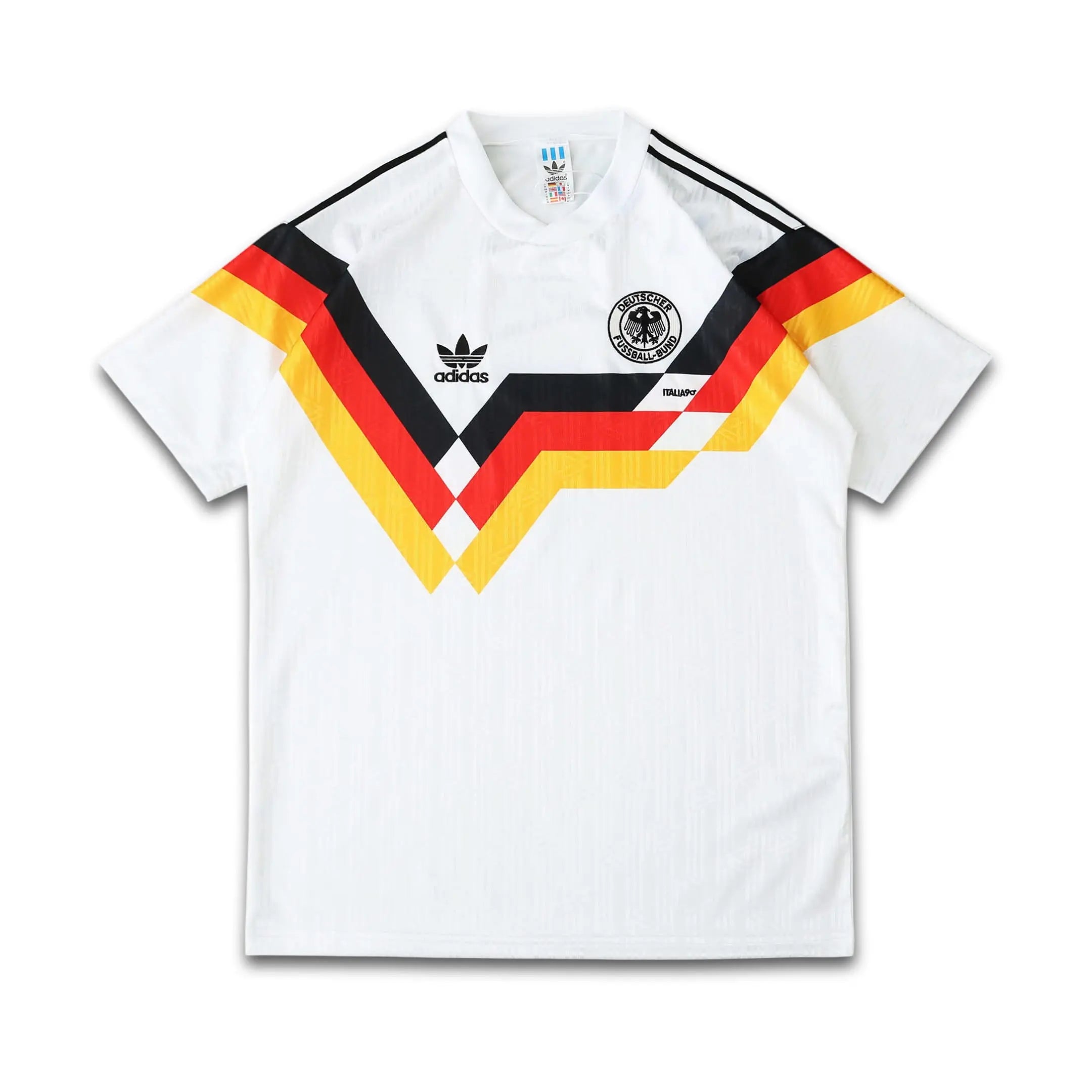 White Germany 1990 jersey with Adidas logo and German flag design on a white background