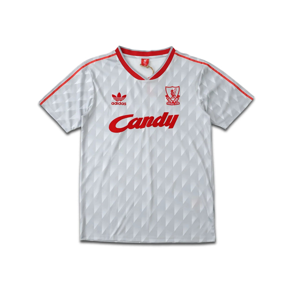 Gray Liverpool FC sports jersey with red accents and branding on a white background