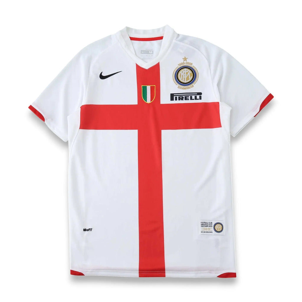 A white Inter Milan soccer jersey with a bold red cross design, featuring the Inter Milan club crest, Pirelli sponsor logo, and Nike swoosh on the chest.