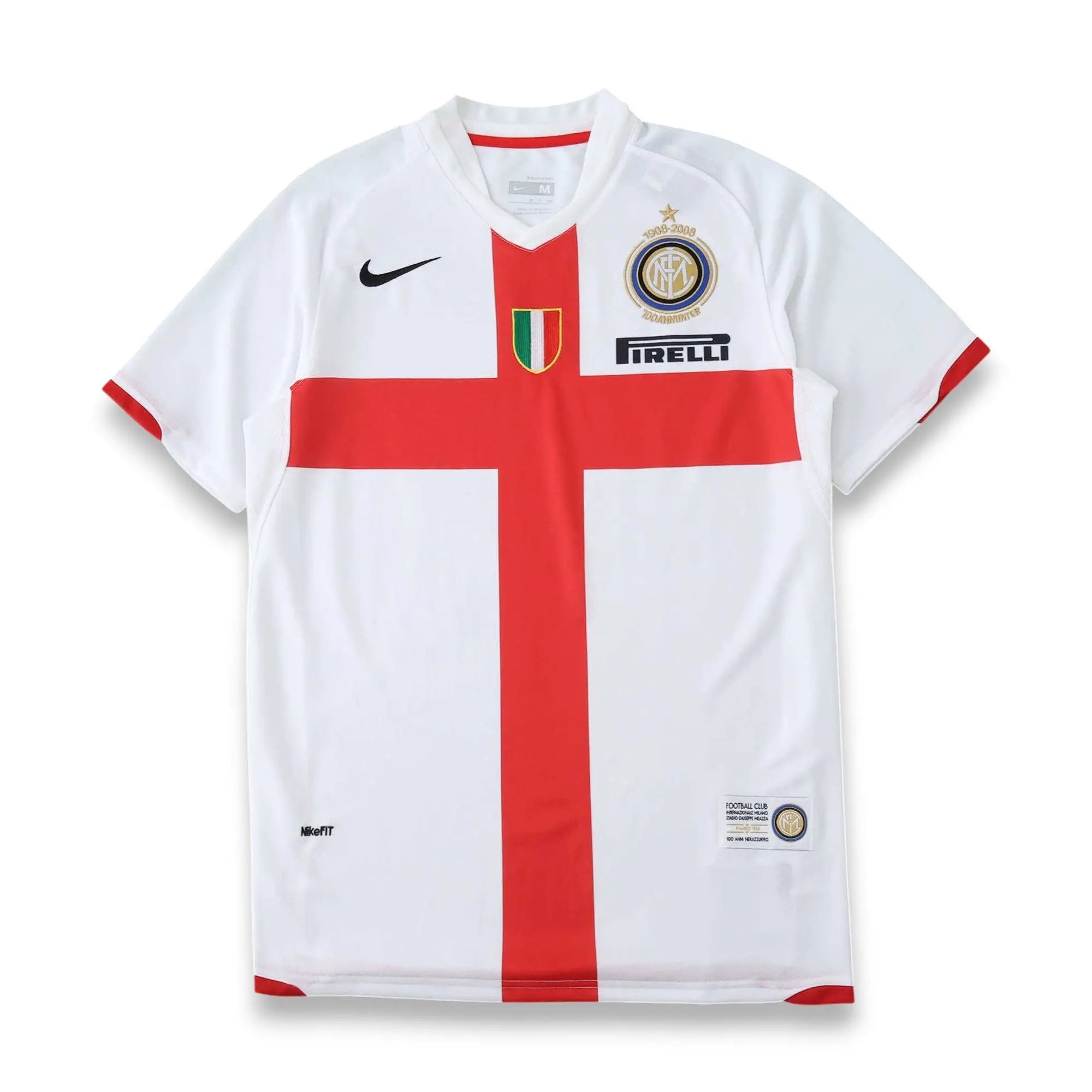 A white Inter Milan soccer jersey with a bold red cross design, featuring the Inter Milan club crest, Pirelli sponsor logo, and Nike swoosh on the chest.