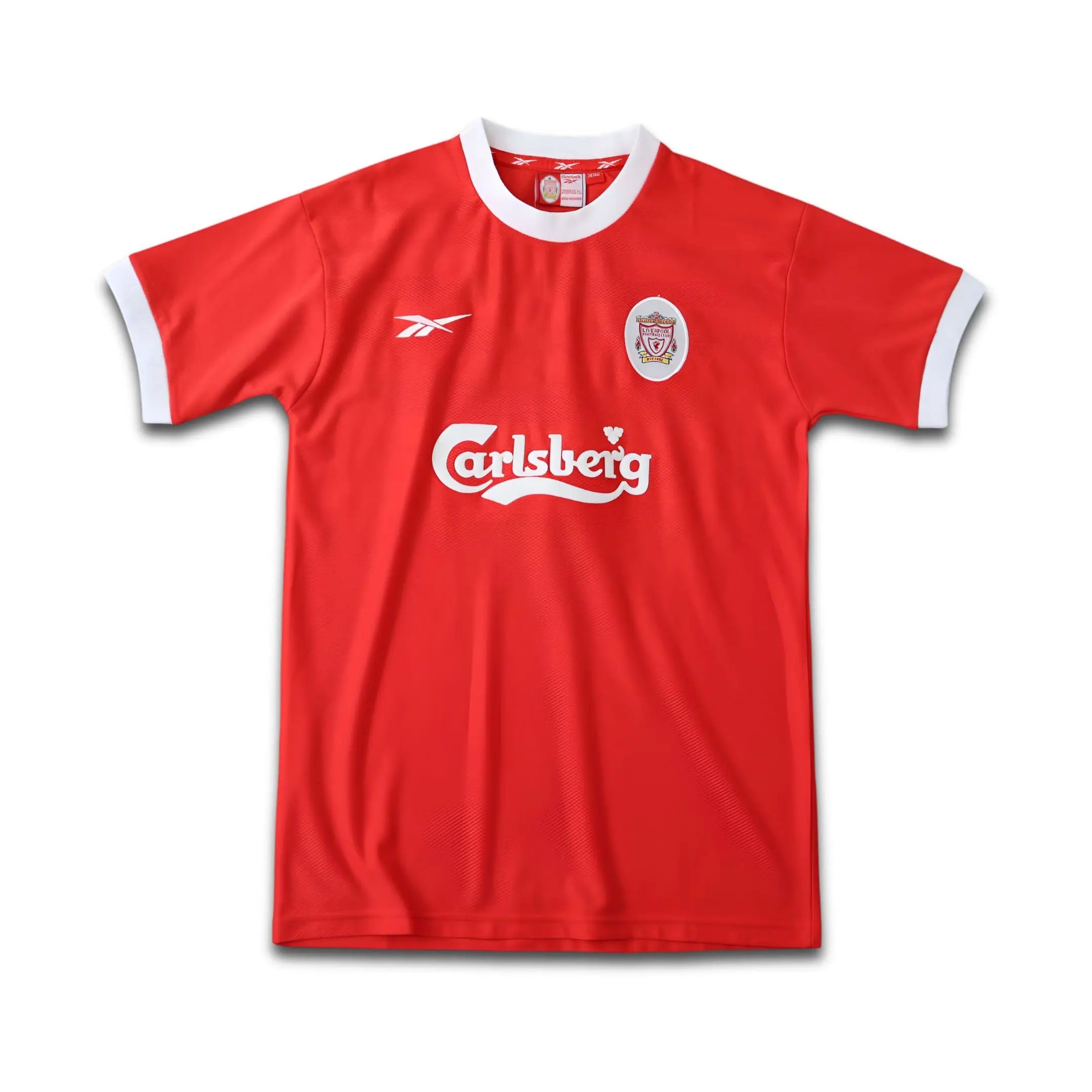 Red sports jersey with Carlsberg logo on a white background