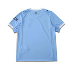 Light blue football jersey sitting on a white background.