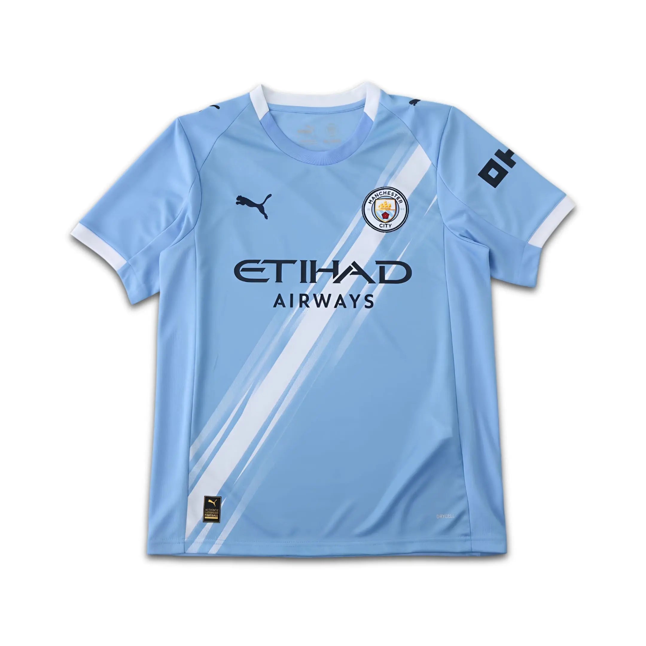 Light blue Manchester City sports jersey with branding on a white background
