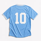 A light blue short-sleeve soccer jersey shown from the back, featuring the number 10 in large white block letters and white trim on the collar and sleeve cuffs, set against a clean white background.